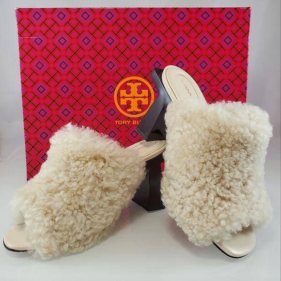 NWT$398 Tory Burch Block T 80mm Heel Shearling Heeled Mules Sandals Shoe Sz 5 - Picture 13 of 15